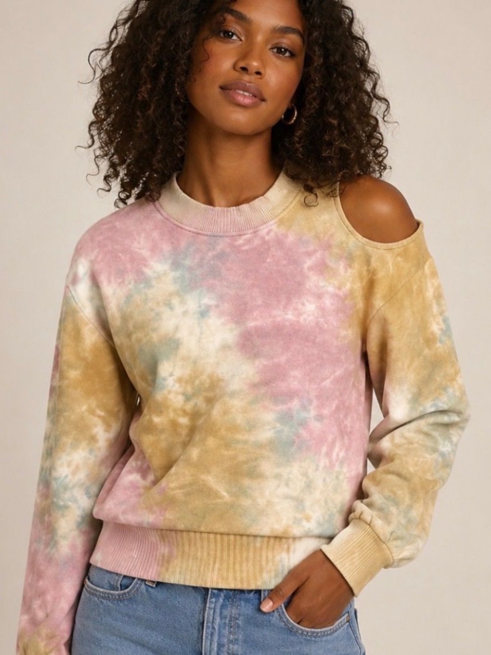 525 America Pastel Tie-Dye Off-Shoulder Sweatshirt in Pink, cream runs big sz.XS